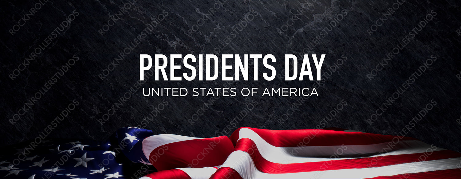 Presidents day Banner. Premium Holiday Background with US Flag on Black Slate.