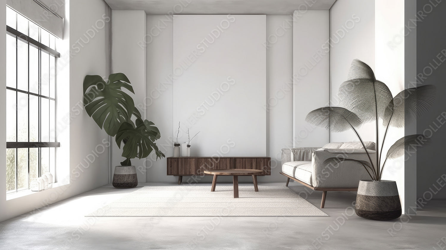 Stylish Living Room. Minimal Interior Design Background. Generative AI.