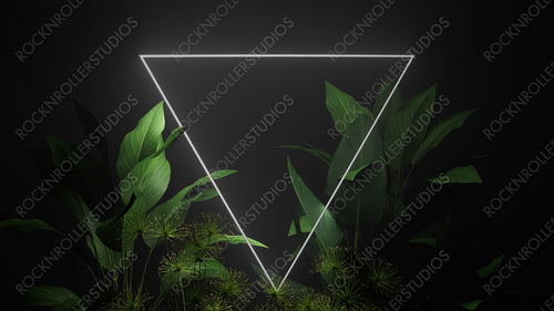 Cyber Background Design. Tropical Plants with White, Triangle shaped Neon Frame.