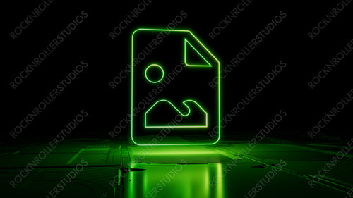 Green Image Technology Concept with picture symbol as a neon light. Vibrant colored icon, on a black background with high tech floor. 3D Render