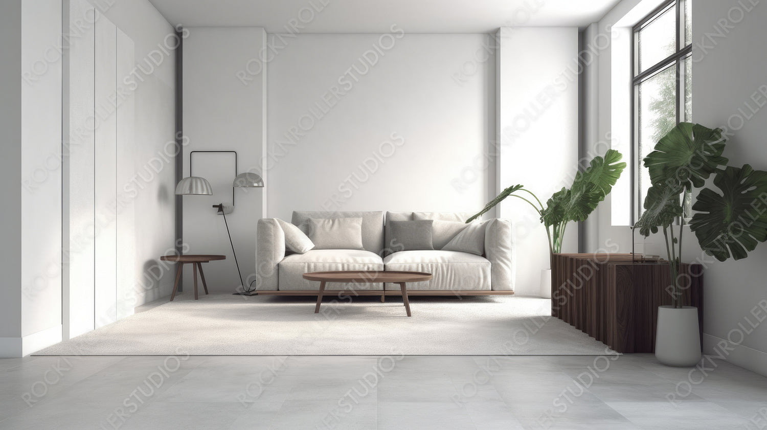 Minimal Living Room. Stylish Interior Design Background. Generative AI.