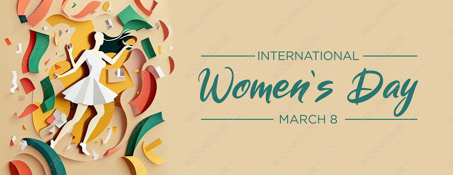 Dancing Lady in a Multicolored Geometric Design. Contemporary Paper Craft Banner with Abstract Shapes and Caption, to Celebrate International Woman's Day. Generative AI