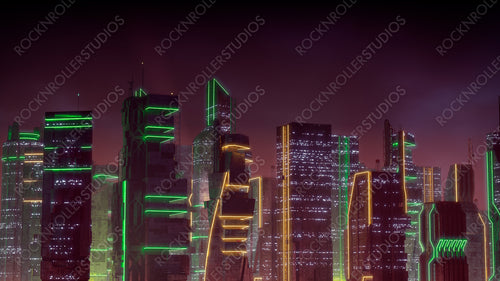 Sci-fi Metropolis with Orange and Green Neon lights. Night scene with Advanced Architecture.