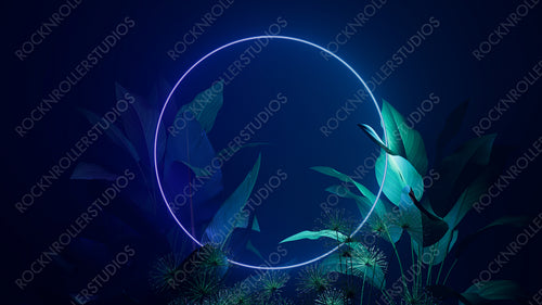 Tropical Leaves Illuminated with Purple and Green Fluorescent Light. Jungle Environment with Circle shaped Neon Frame.