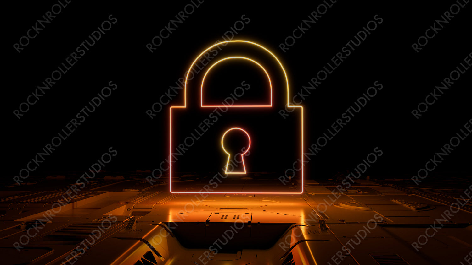 Orange and Yellow Security Technology Concept with lock symbol as a neon light. Vibrant colored icon, on a black background with high tech floor. 3D Render
