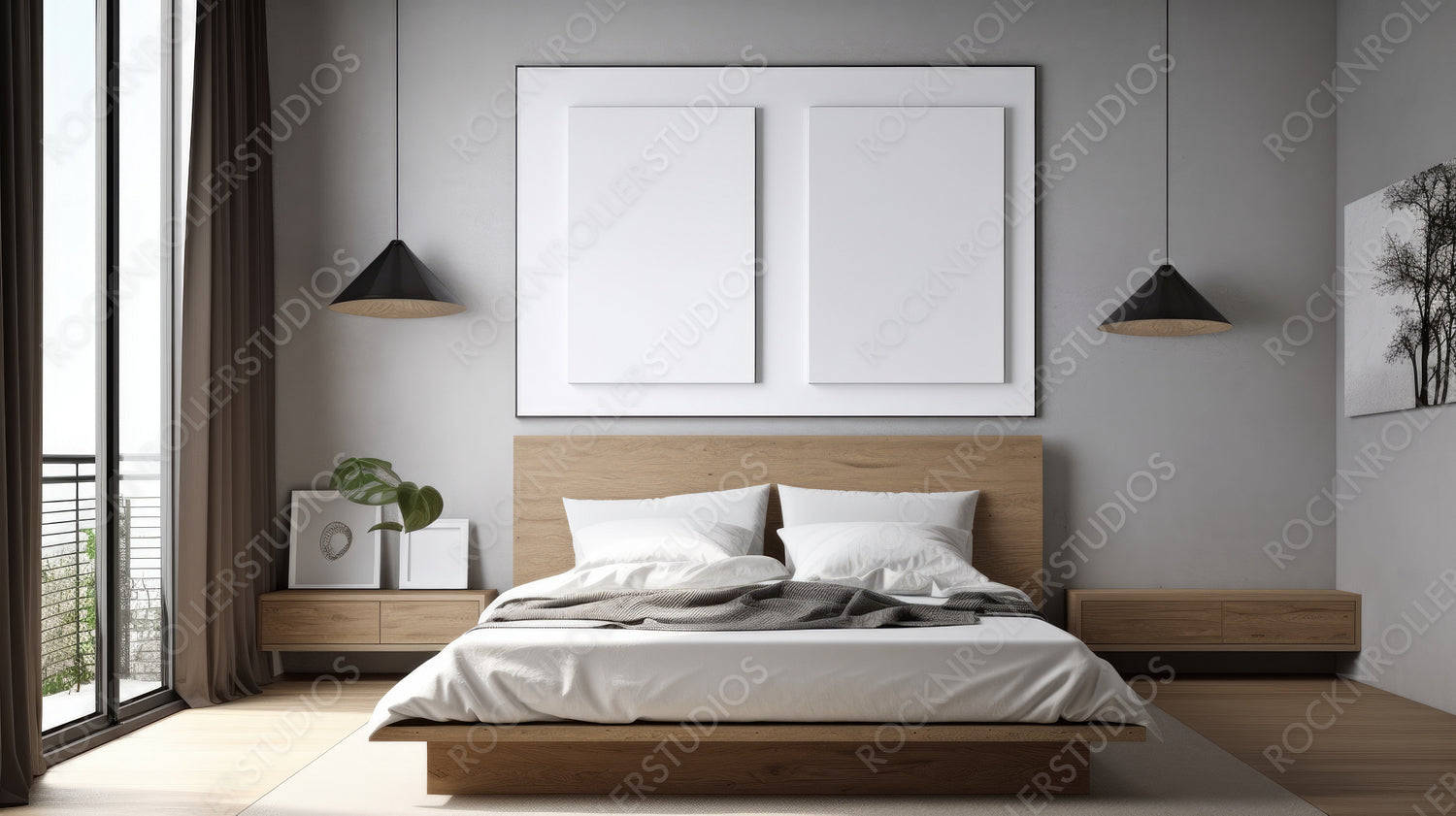 Contemporary Bedroom. Minimal Interior Design Background. Generative AI.