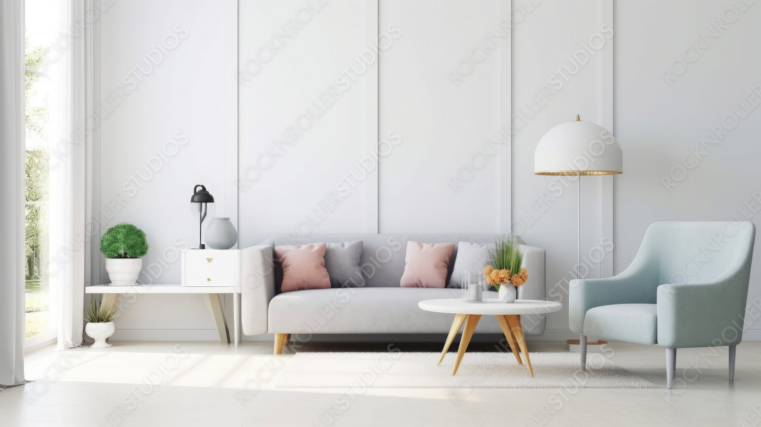 Modern Living Room Background. Contemporary Interior Design. Generative AI.