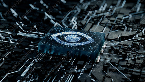 Vision Technology Concept with eye symbol on a Microchip. Data flows from the CPU across a Futuristic Motherboard. 3D render.