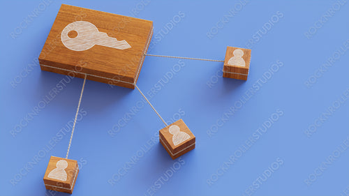 Security Technology Concept with key Symbol on a Wooden Block. User Network Connections are Represented with White string. Blue background. 3D Render.