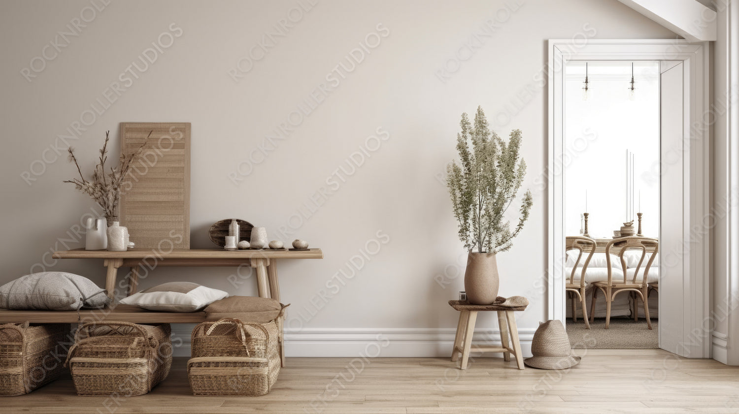 Stylish Interior Design Background. Farmhouse Living Room. Generative AI.