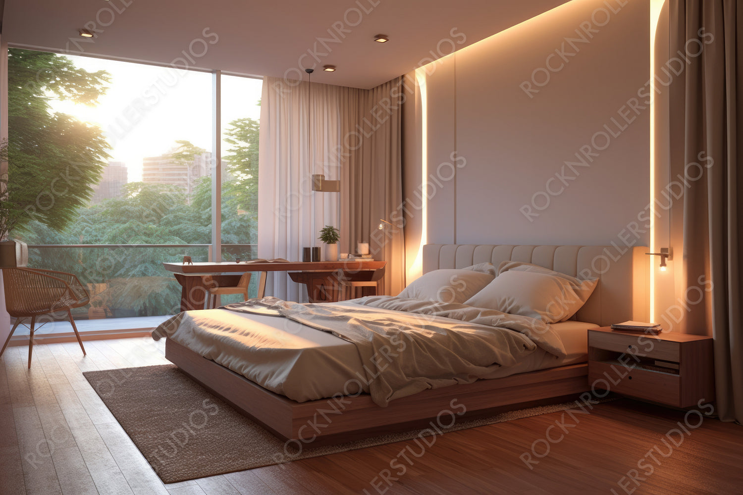 Minimal Bedroom. Contemporary Interior Design Background. Generative AI.