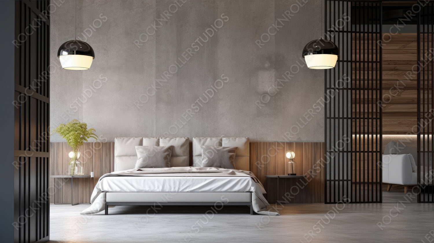 Loft Interior Design Background. Contemporary Bedroom. Generative AI.
