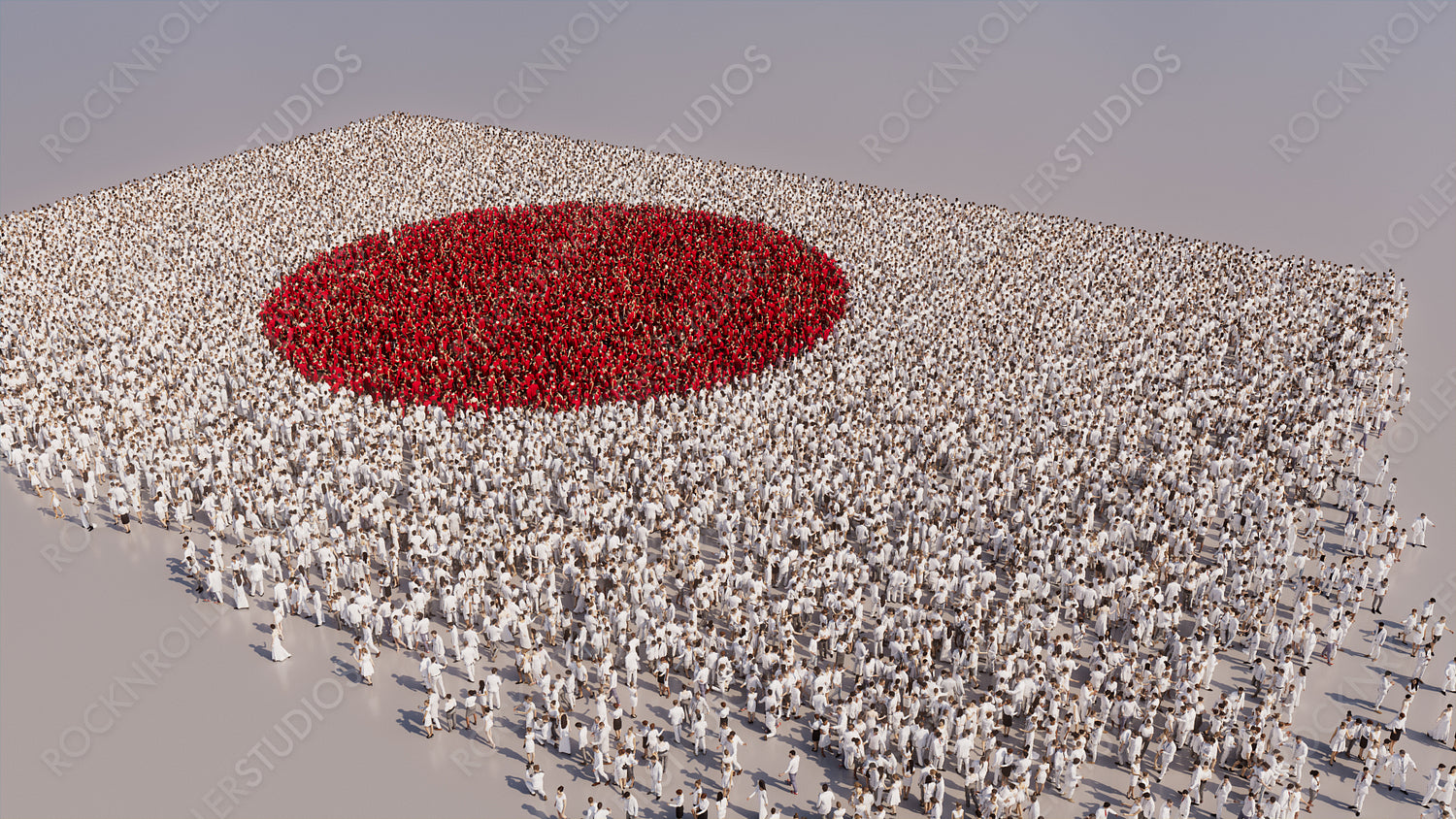 Aerial view of a Crowd of People, coming together to form the Flag of Japan. Japanese Banner on White Background.