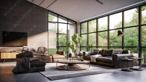 Stylish Living Room. Loft Interior Design Background. Generative AI.