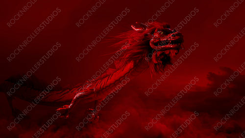 Flying Chinese Dragon against a Red Cloudy Sky. New Year Concept with copy-space.