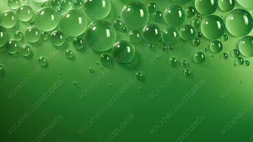 Green Background with Liquid Droplets on Surface. Contemporary Banner with Copy-Space.