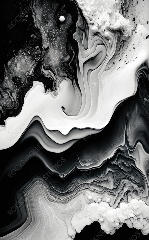 Flowing Contemporary Marbling Wallpaper in Beautiful Black and White colors. Paint texture with White Particles. Generative AI.