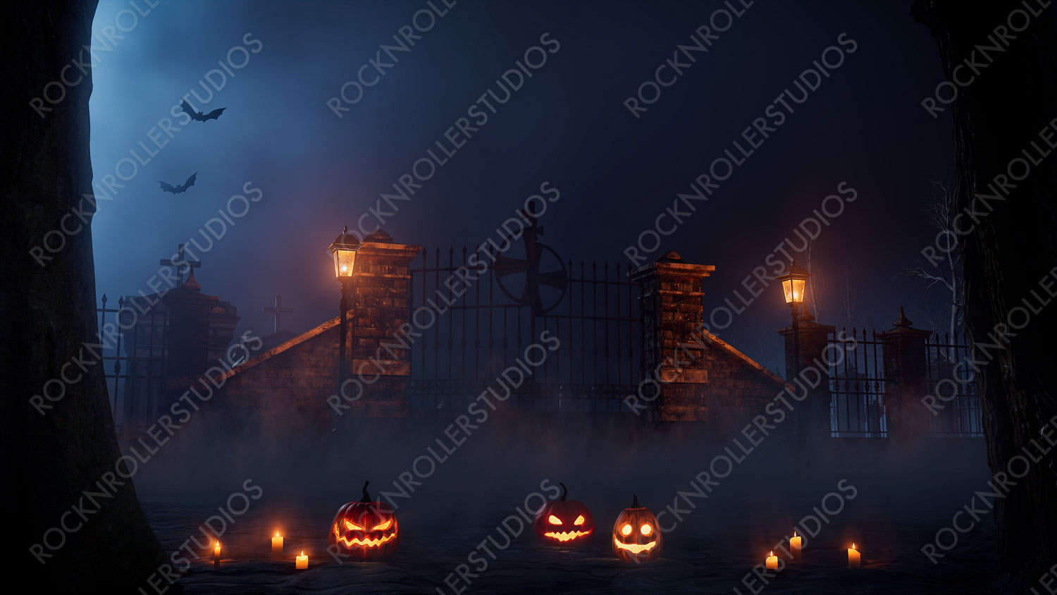 Halloween Illustration with Ghostly Graveyard Gate and Jack O' Lanterns.