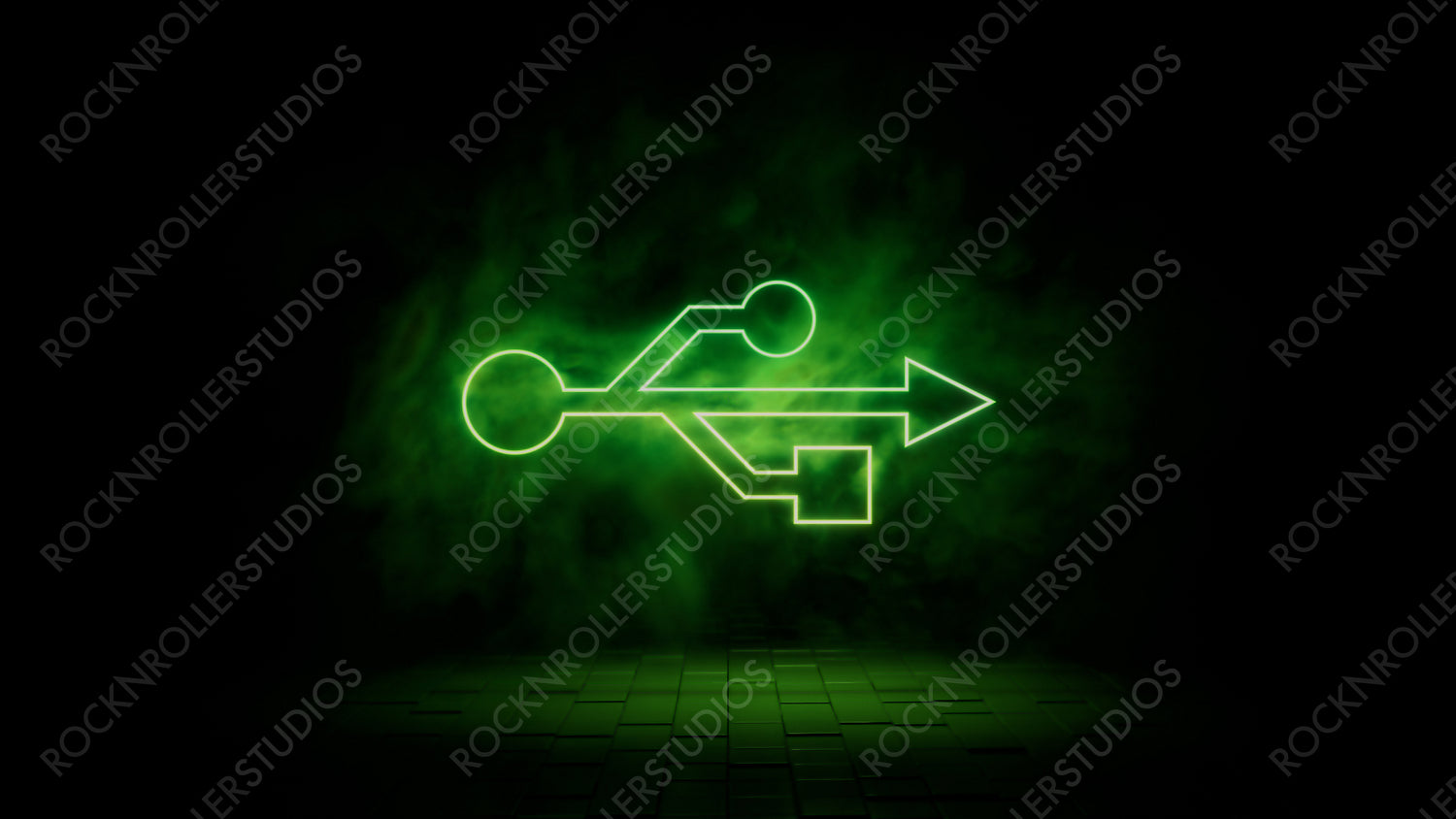 Green neon light usb icon. Vibrant colored technology symbol, isolated on a black background. 3D Render