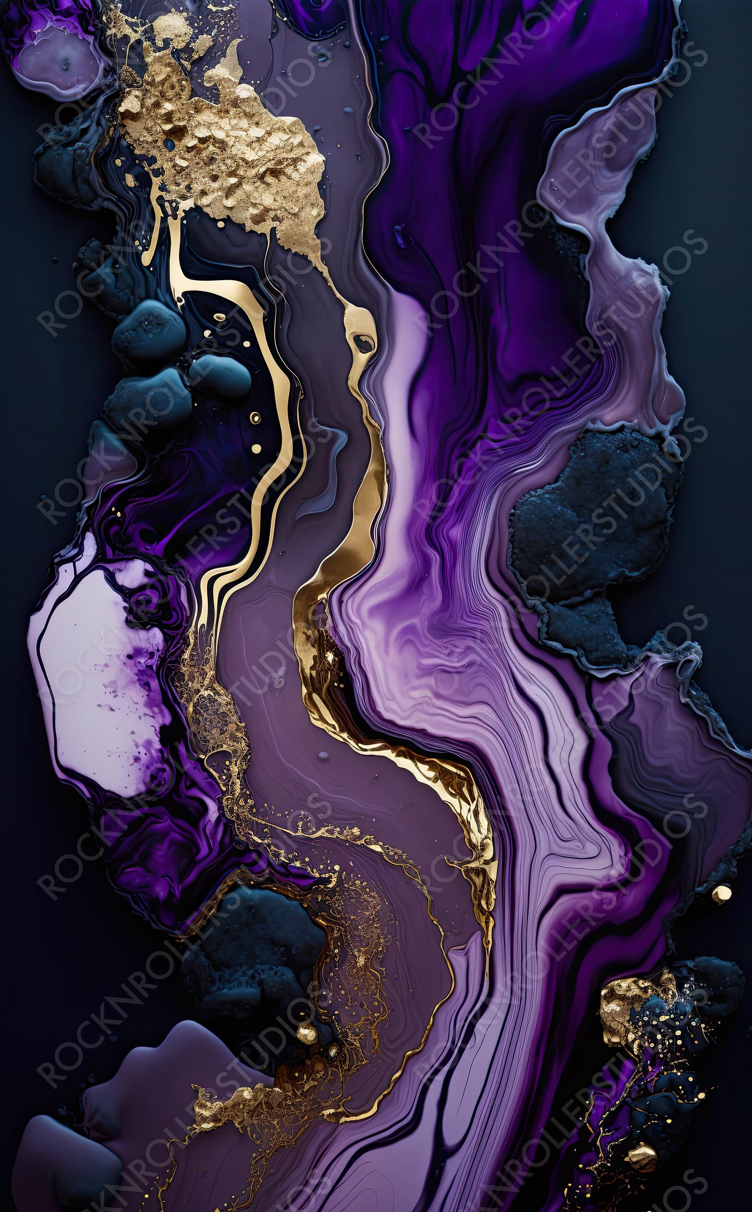 Liquid Swirls in Beautiful Purple and Black colors, with Gold Glitter. Elegant Art Wallpaper. Generative AI.