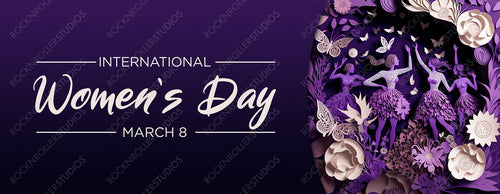 Purple Floral Banner to Celebrate International Woman's Day. Beautiful Paper Craft Design with Dancing Ladies, Butterflies and Caption. Generative AI