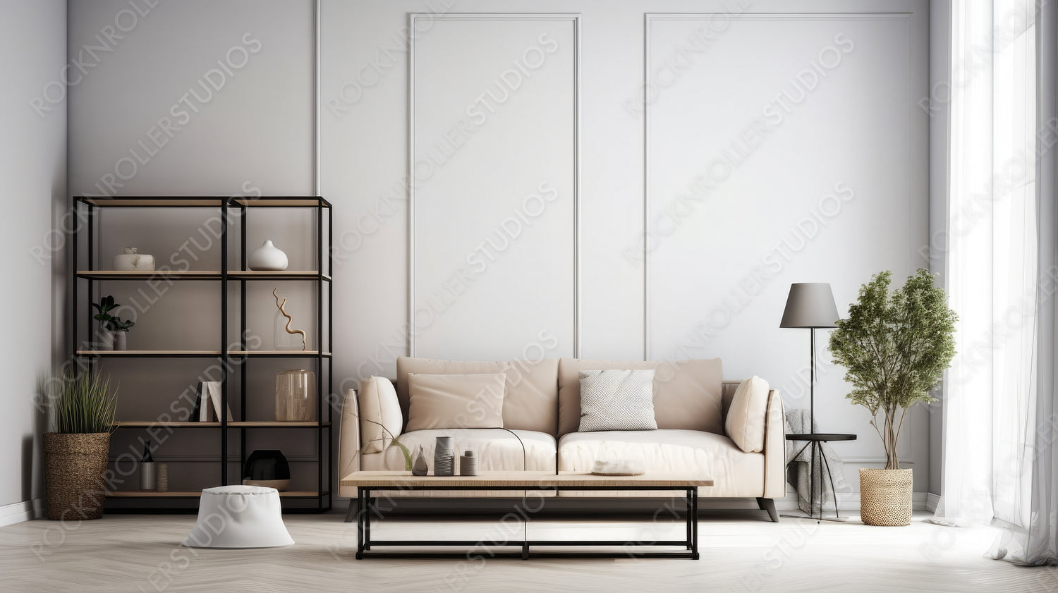 Stylish Living Room. Scandinavian Interior Design Background. Generative AI.