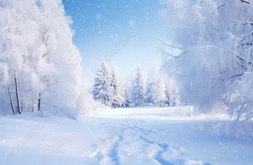 Winter Christmas idyllic landscape. White trees in forest covered with snow, snowdrifts and snowfall against blue sky in sunny day on nature outdoors,  blue tones.