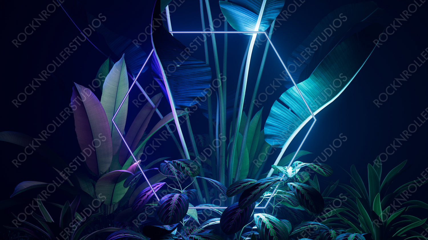 Green and Purple Neon Light with Tropical Leaves. Hexagon shaped Fluorescent Frame in Nature Environment.