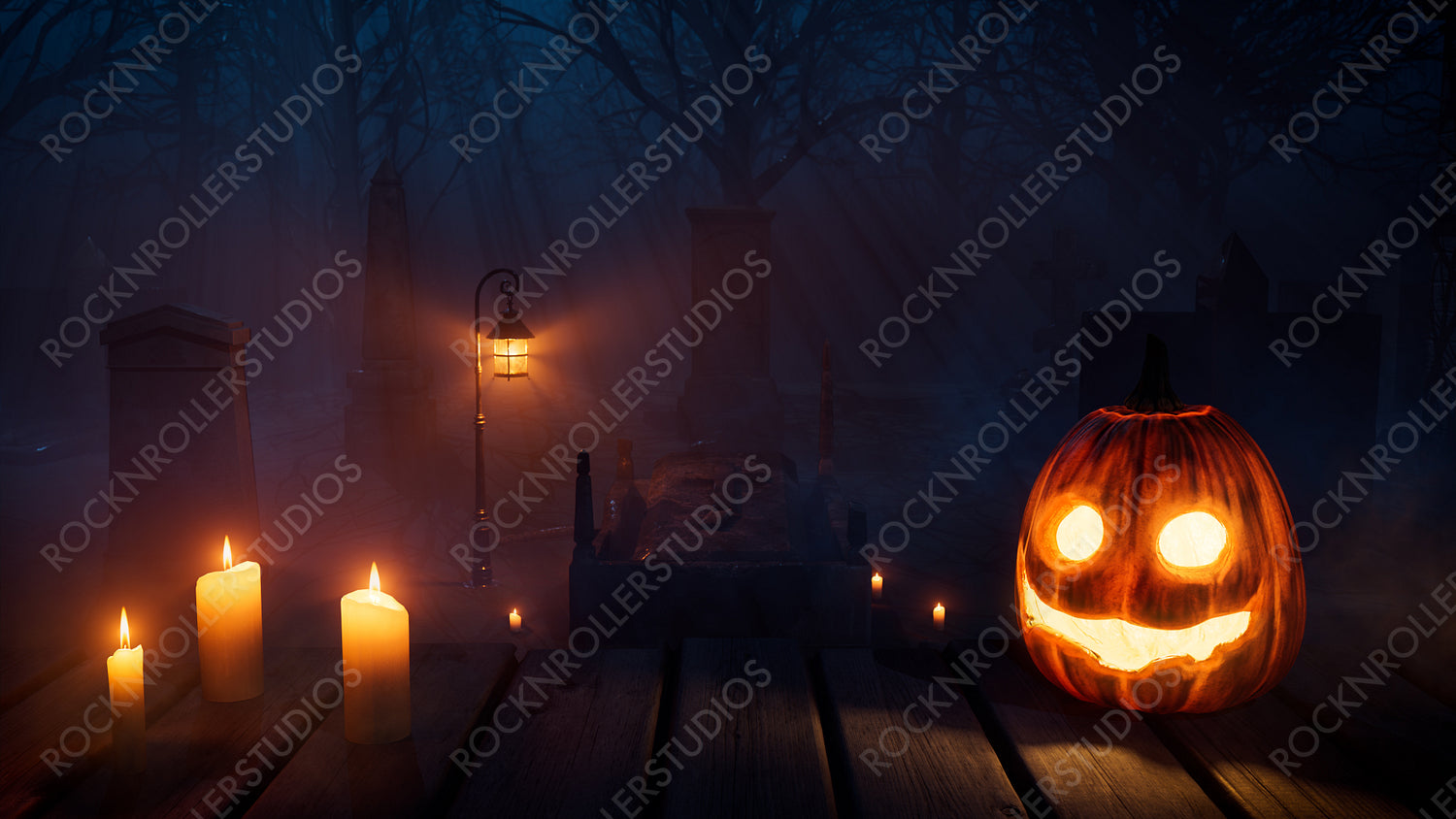 Halloween Illustration with Spooky Candlelit Gravestones and Jack O' Lantern.