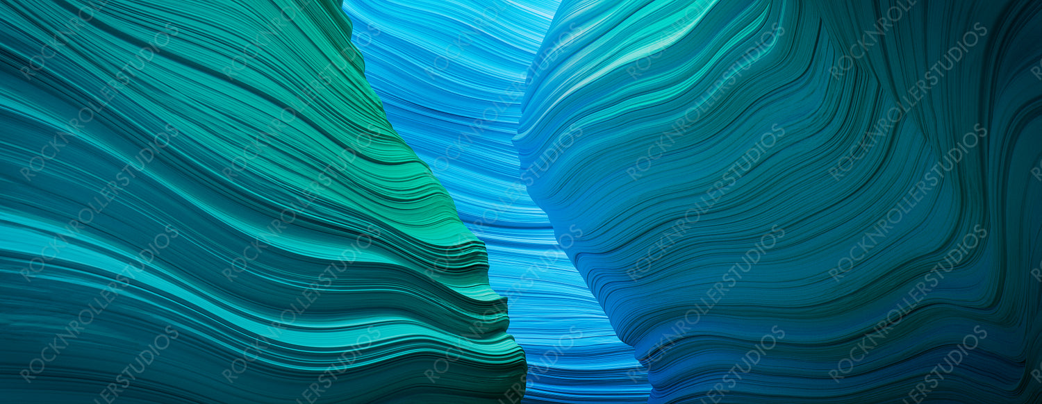 Blue and Turquoise 3D Wavy Geometry. Contemporary Wallpaper with Elegant Forms.