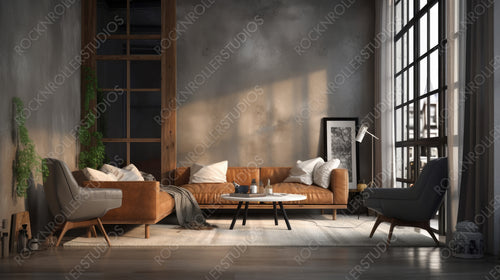 Stylish Living Room. Industrial Interior Design Background. Generative AI.