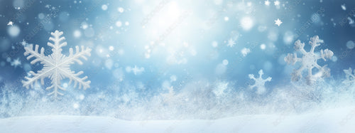 Festive winter snow background with snowdrifts, silver decorative snowflake with beautiful light and snow flakes on blue sky, banner format, copy space.