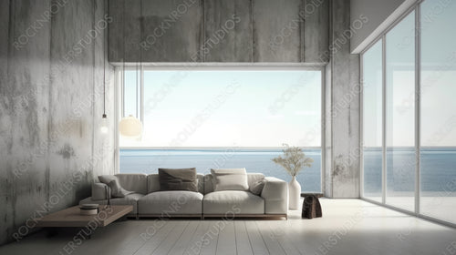 Stylish Interior Design Background. Sea View Living Room. Generative AI.