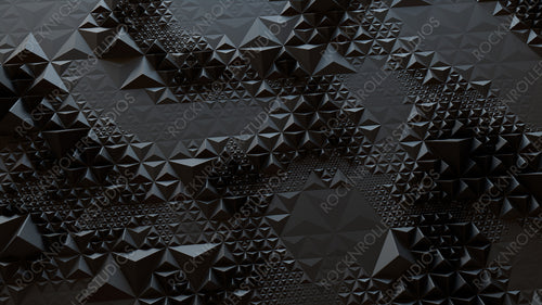 Dark Modern Surface with Triangular Pyramids. Black, Three-Dimensional 3d Wallpaper.