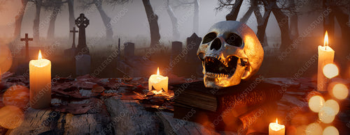 Seasonal Background with Skull and Candles in a Creepy Cemetery. Halloween concept.
