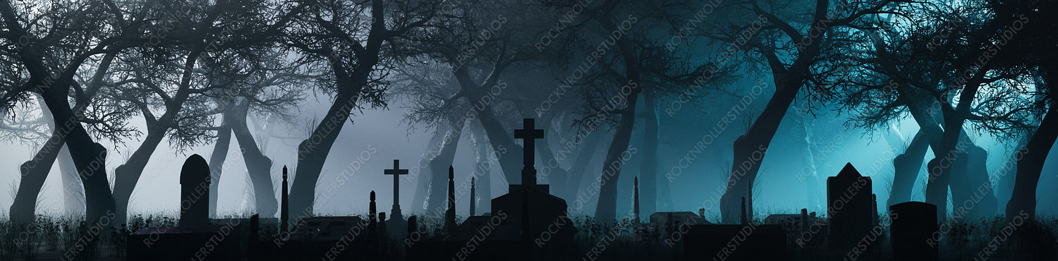 Trees and Gravestones Silhouetted in a Thick Pale Blue Fog. Night scene in Spooky Cemetery. Halloween Concept.