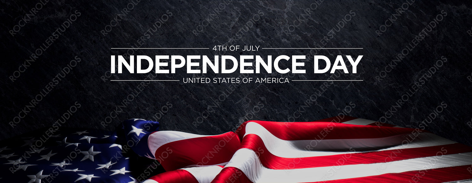 Authentic Banner for Independence Day with United States Flag and Black Slate Background.