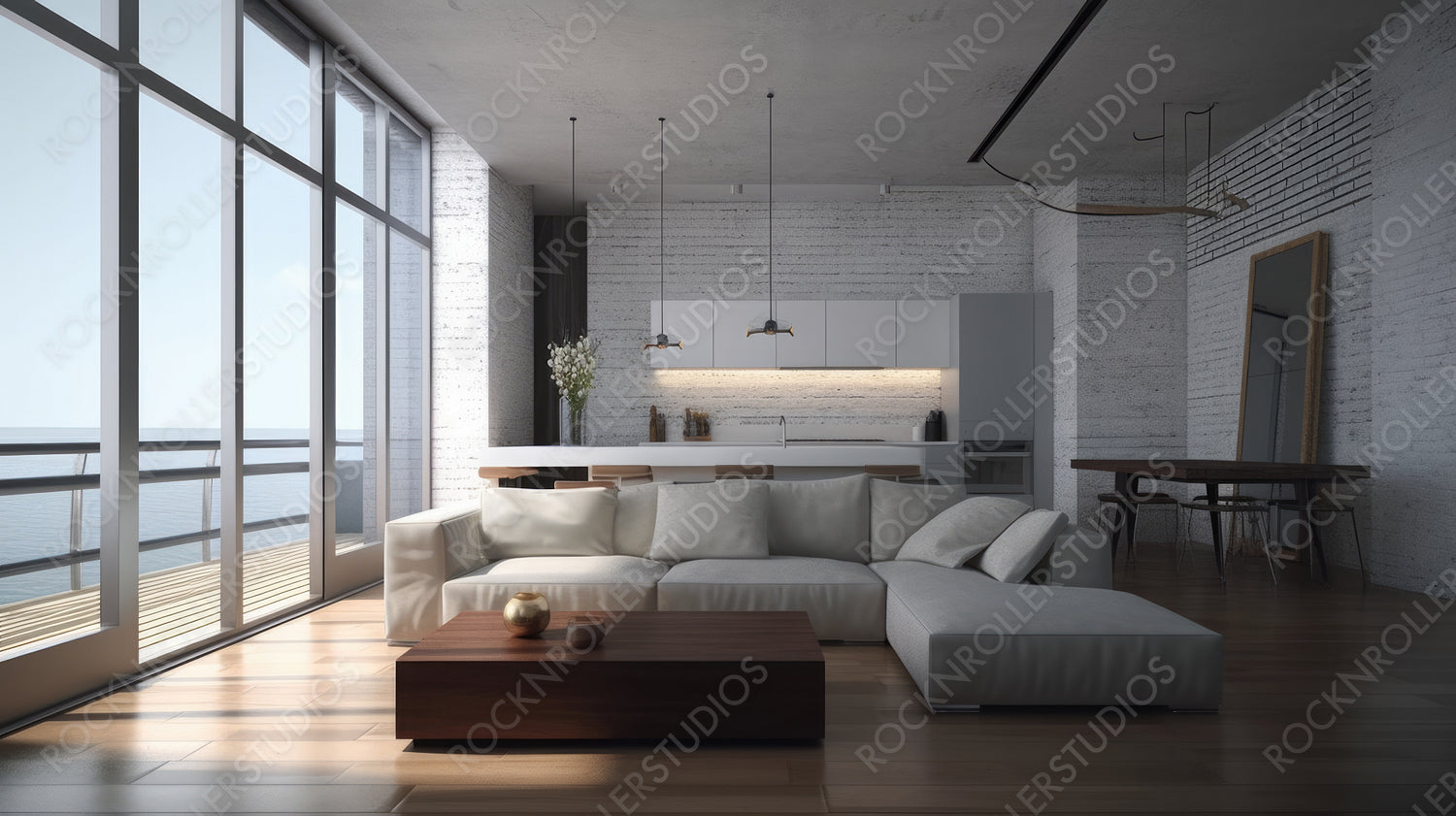 Contemporary Living Room. Sea View Interior Design Background. Generative AI.