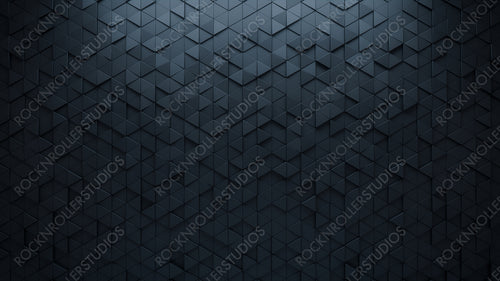 Polished, 3D Mosaic Tiles arranged in the shape of a wall. Triangular, Semigloss, Bricks stacked to create a Black block background. 3D Render