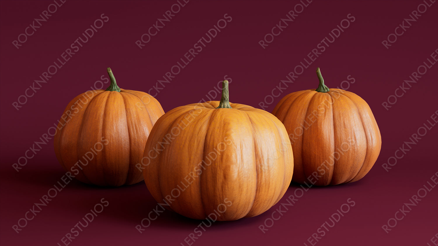 Contemporary Fall Image with a collection of Pumpkins on Burgundy background.