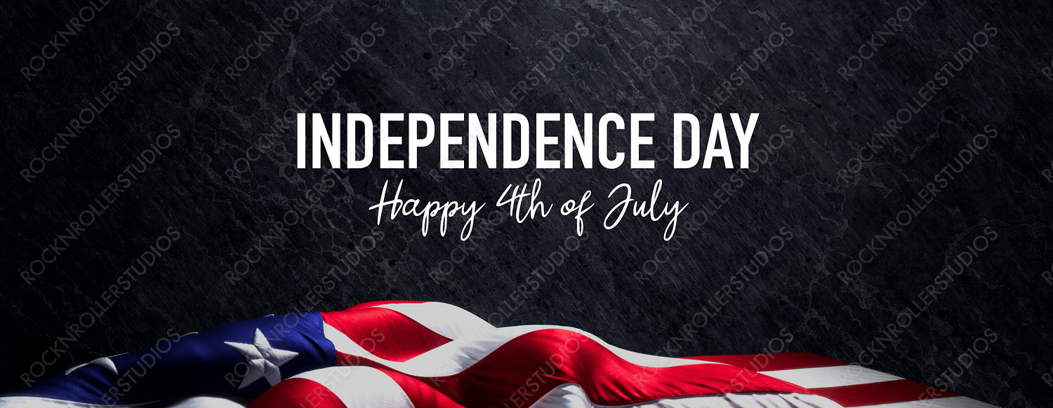 USA Flag Banner with Independence Day Caption on Black Slate. Authentic Holiday Background.