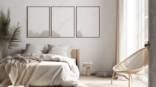 Scandinavian Bedroom. Stylish Interior Design Background. Generative AI.