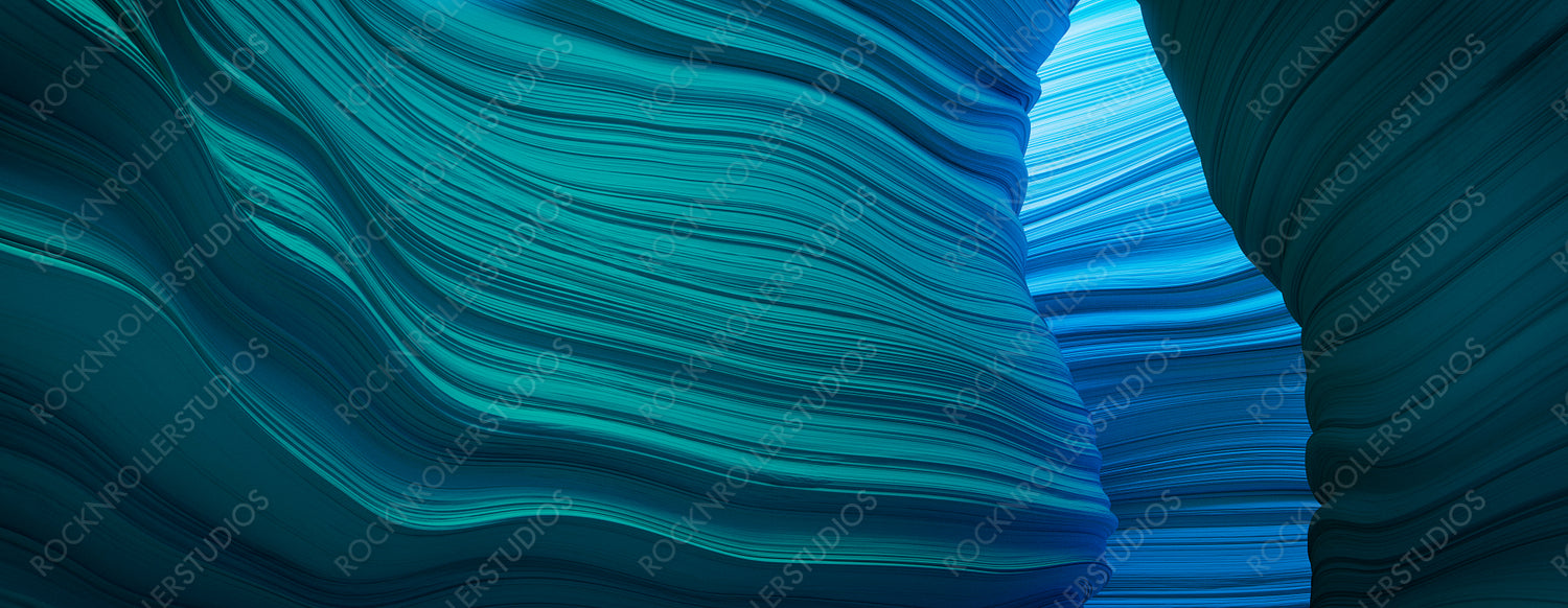 3D Rendered Cave with Blue and Turquoise Rippled Surfaces.