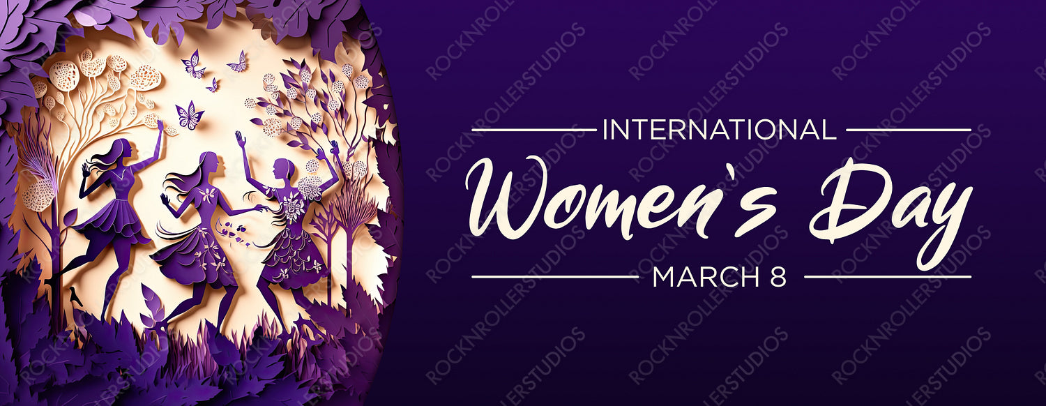 Lovely Paper Craft Banner to Celebrate International Woman's Day. Purple Floral Design with Dancing Ladies, Flowers and Caption. Generative AI.
