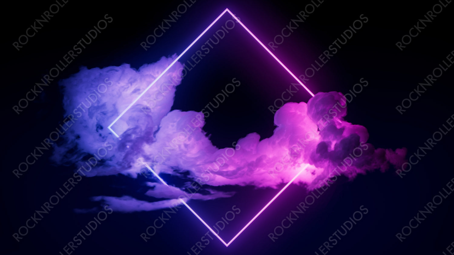 Pink and Blue Neon Light with Cloud Formation. Diamond shaped Fluorescent Frame in Dark Environment.