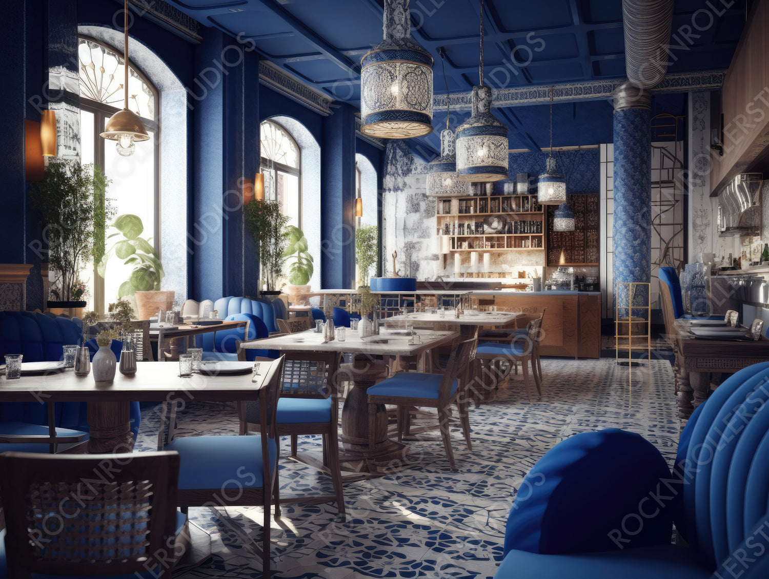 Stylish Interior Design Background. Minimal Restaurant. Generative AI.