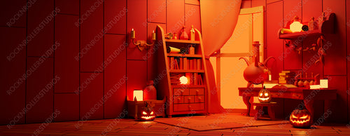 Halloween Pumpkin Decorations with Potions, in a Fun Wizard's Room at Night. Halloween banner with copy-space.