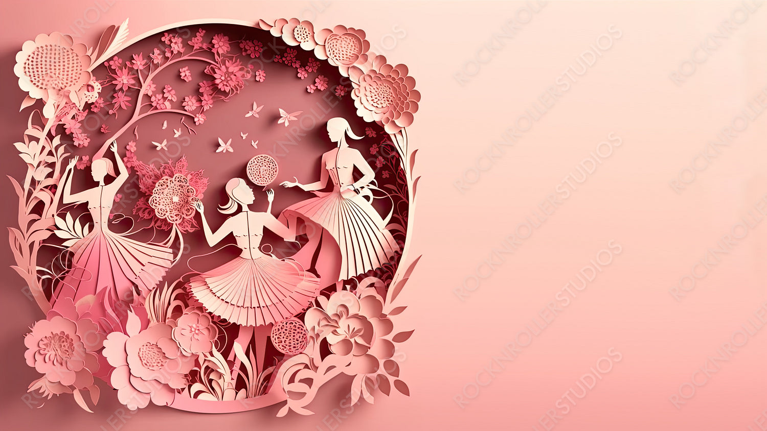 Dancing Ladies in a Pink Floral Design. Lovely Paper Craft Wallpaper with Flowers and copy-space, to Celebrate International Woman's Day. Generative AI