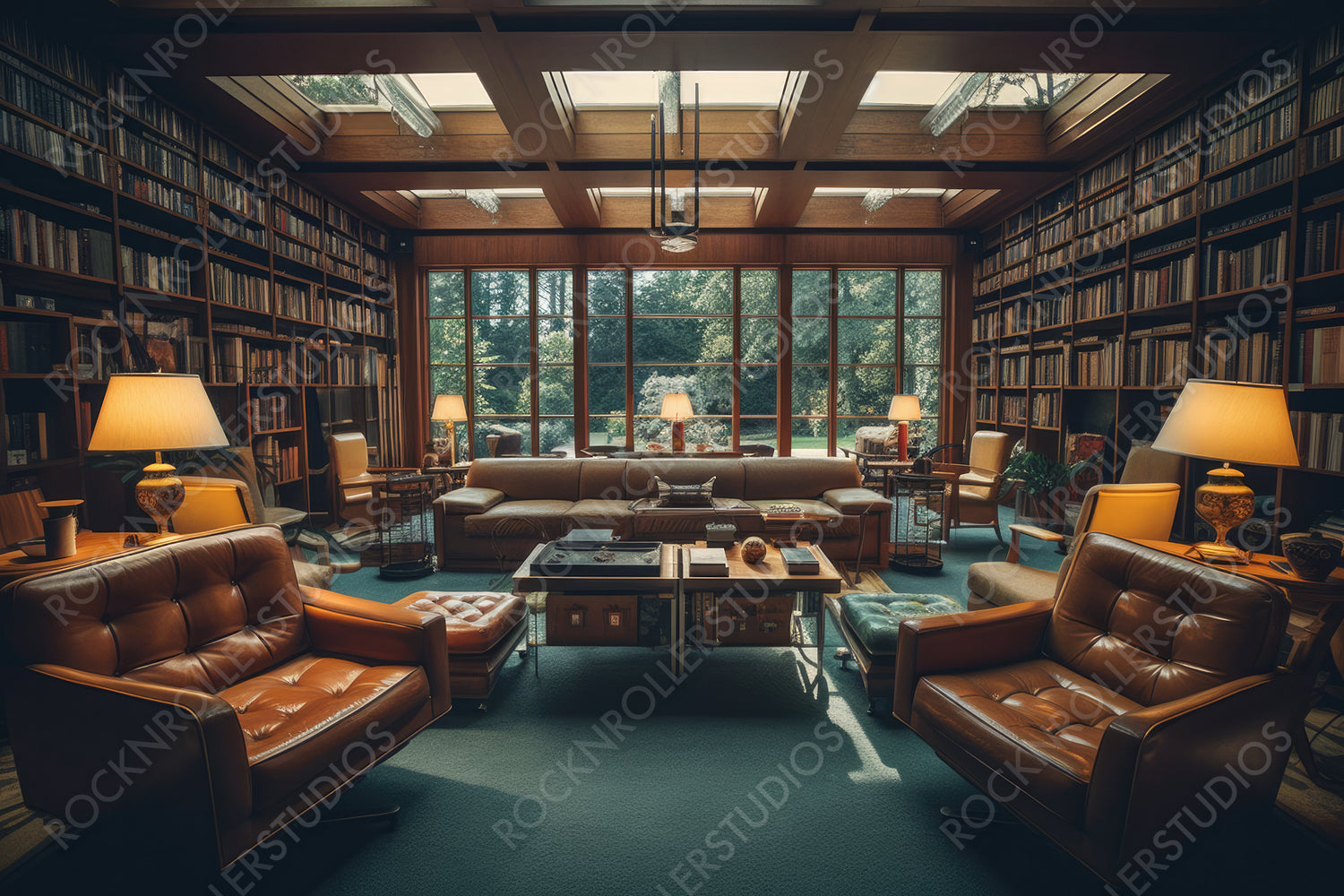 Mid Century Library. Stylish Interior Design Background. Generative AI.