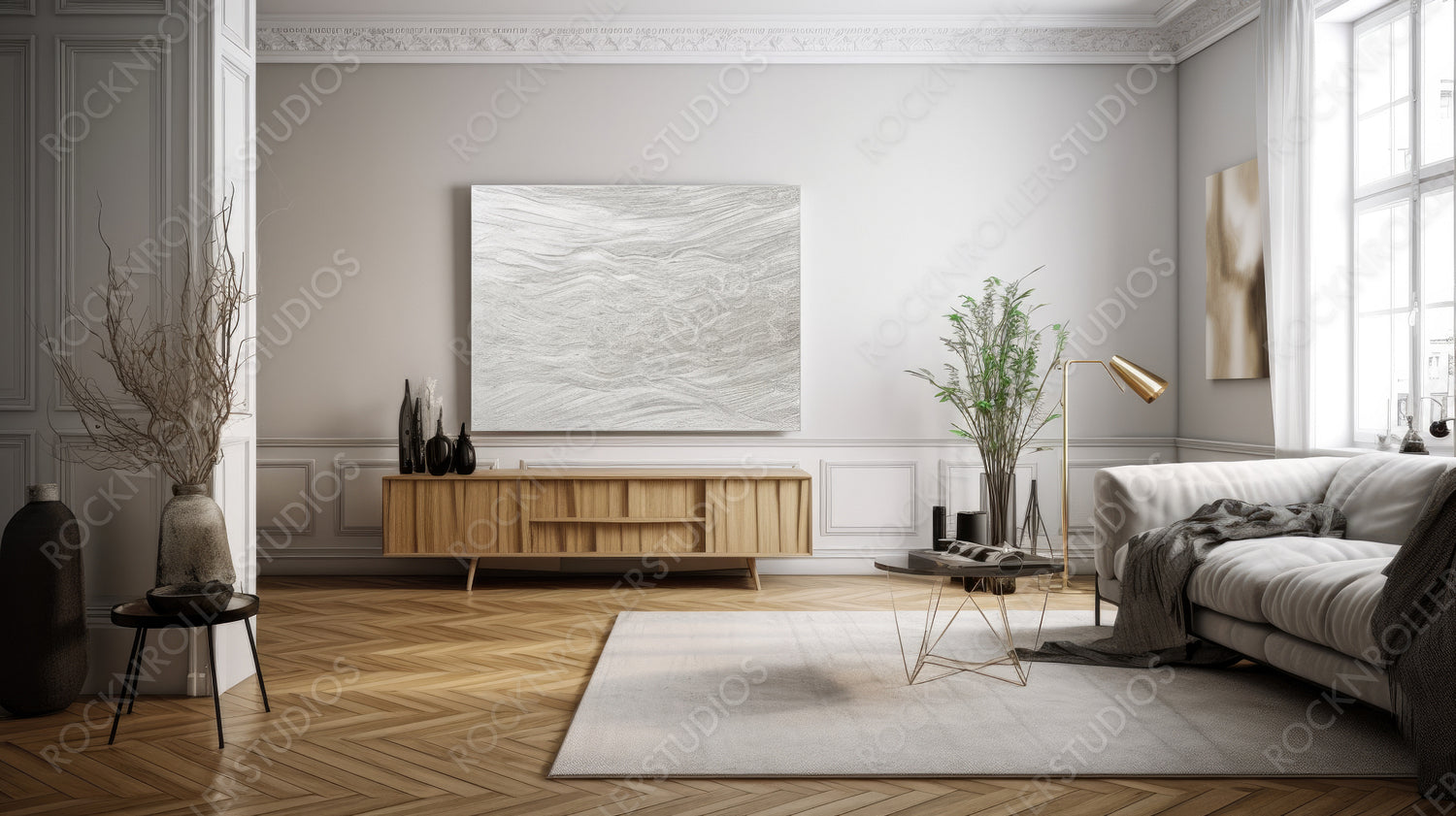 Contemporary Living Room. Scandinavian Interior Design Background. Generative AI.